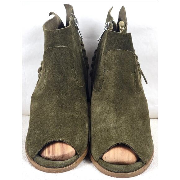 Marc Fisher Suede Fringe Open Toe Booties Women’s 9.5M Army Green Block Heel - Picture 5 of 14